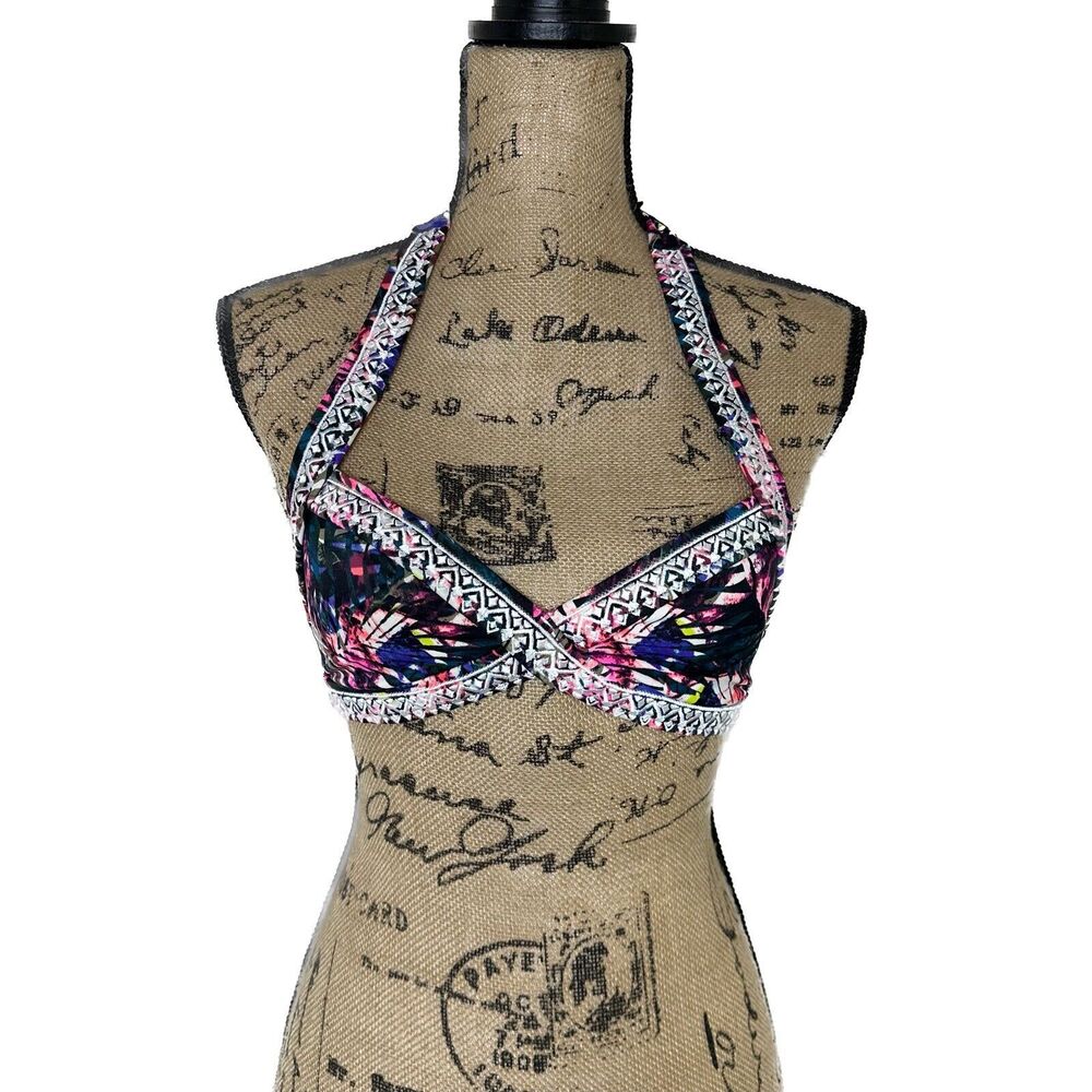 Pink Floral Bikini Top Sz S AA-C Victorias Secret Halter Embroidered Watercolor - Picture 1 of 14